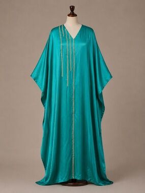 ALAKNANDA Teal Silk Kaftan with Gold Threading by Subhai Apparel
